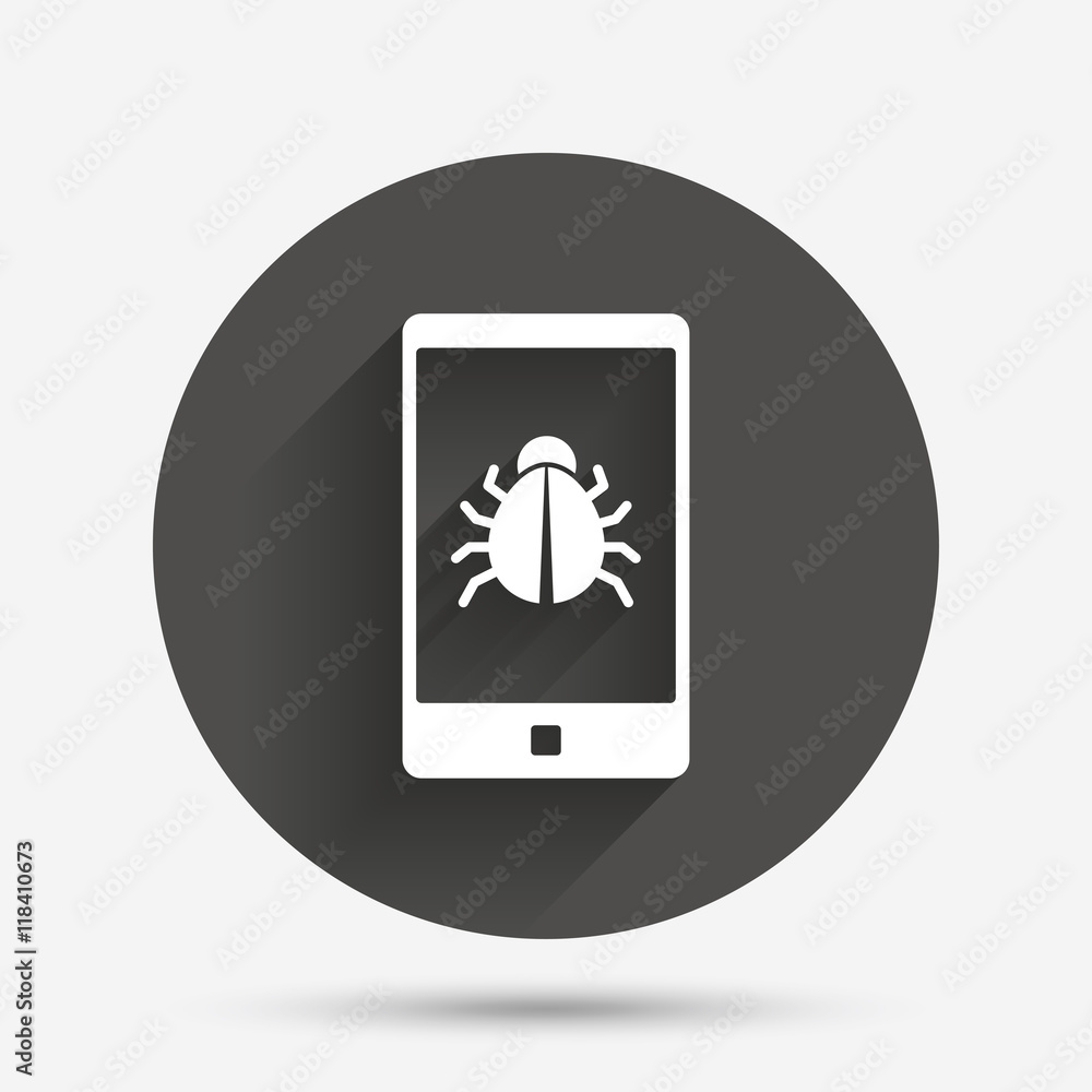 Smartphone virus sign icon. Software bug symbol. Smartphone virus sign icon. Software bug symbol.