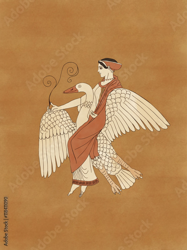 Aphrodite riding a goose holding a plant, based on ancient greek pottery and ceramics red-figure