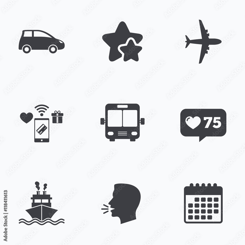 Transport icons. Car, Airplane, Bus and Ship.