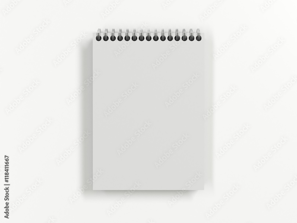 White Notebook mock up with clean blank for design and advertising. Notepad with chromed spring and free copy space template. On the white light background. 3d illustration top view White Notebook mock up with clean blank for design and advertising. Notepad with chromed spring and free copy space template. On the white light background. 3d illustration top view