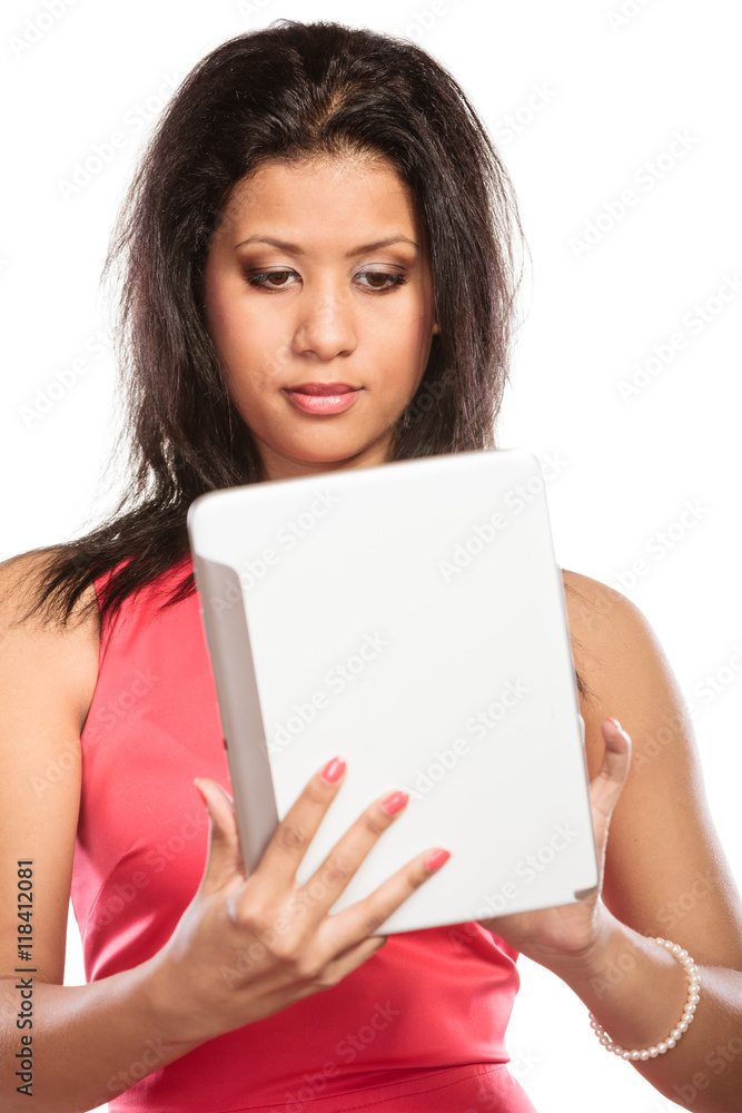 Mixed race african woman using pc tablet. Mixed race african woman using pc tablet.