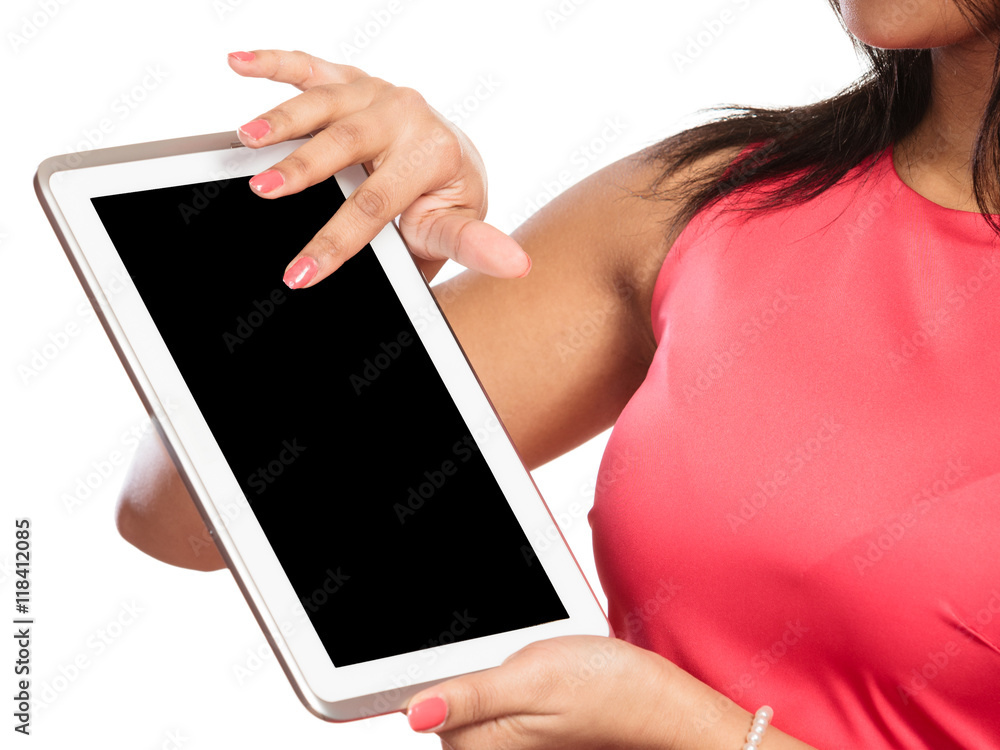 Woman using pc tablet with blank empty screen. Woman using pc tablet with blank empty screen.