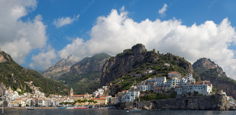 Panoramic view of city of Amalfi with coastline, Italy