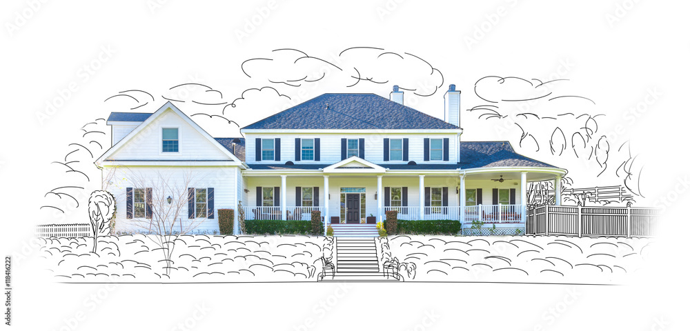 Custom House Drawing and Photo Combination Isolated on a White Background.