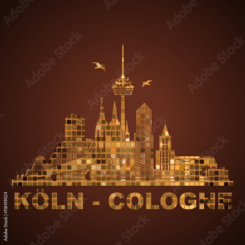 Köln Panorama Skyline Wandtatoo Sehenswürdigkeiten Kölner Dom Hohenzollernbrücke Rathaus Triangle Stadtansicht Städtetour Tourismus Gold Schimmer edel Glamour Disco