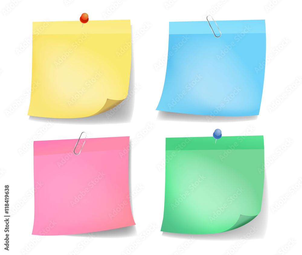 Collection of different colored sheets of note papers with curled corner and push pin, ready for your message. Vector illustration. Isolated on white background. Front view. Close up. Collection of different colored sheets of note papers with curled corner and push pin, ready for your message. Vector illustration. Isolated on white background. Front view. Close up.