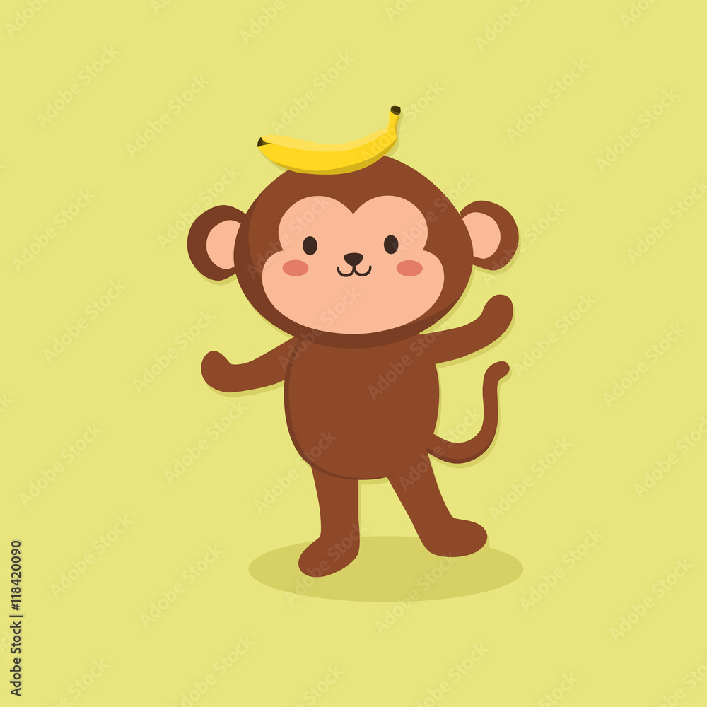 Vector illustration of cute monkey cartoon character standing in yellow  background with banana on its head. Stock Vector | Adobe Stock