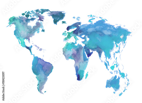 Fototapeta Watercolor blue world map