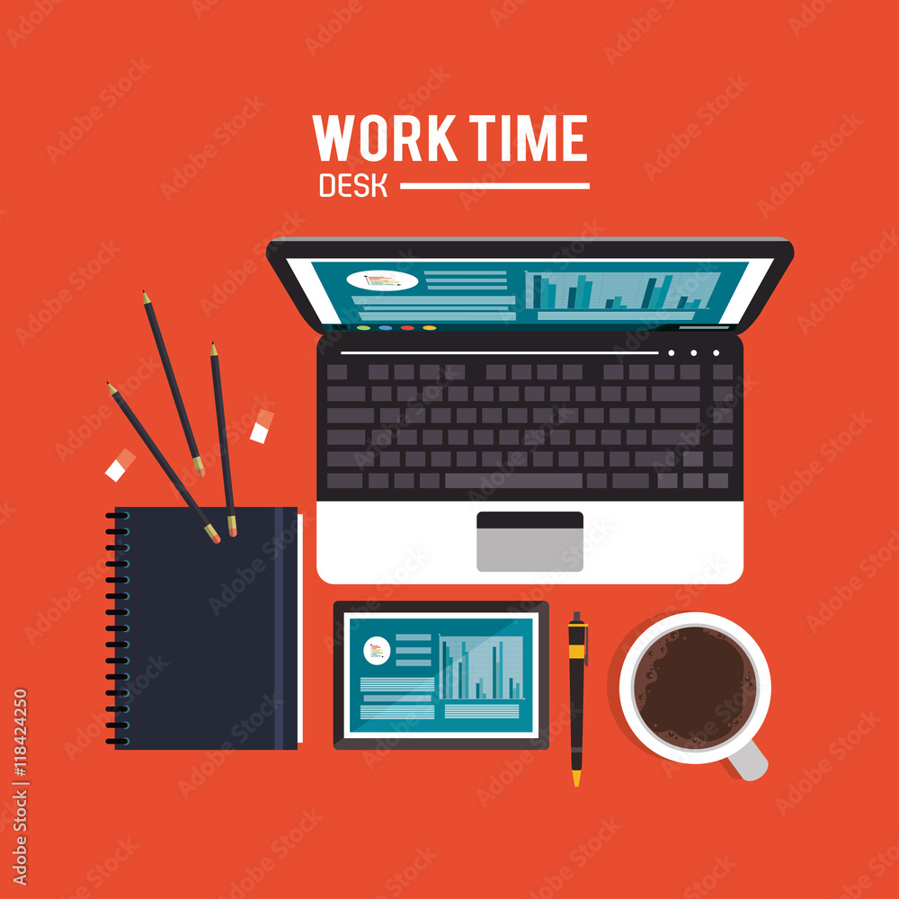 laptop mug tablet infographic worktime desk office supply icon. Colorful design. Vector illustration laptop mug tablet infographic worktime desk office supply icon. Colorful design. Vector illustration