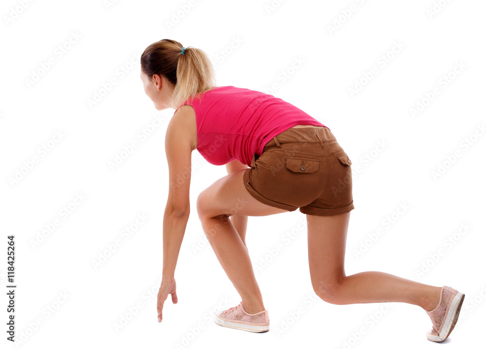 side view woman start position.  Rear view people collection.  backside view of person.  Isolated over white background. Sport blond in brown shorts in the starting position