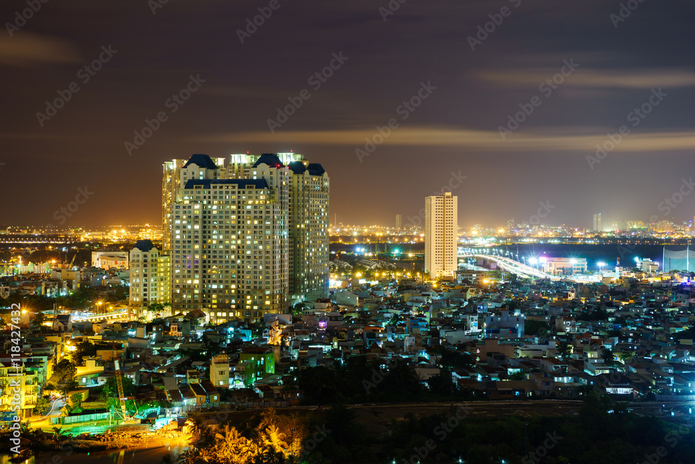 Panoramic view of Ho Chi Minh city by night, Vietnam. Ho Chi Minh city (aka Saigon) is the largest city and economic center in Vietnam with population around 10 million people.