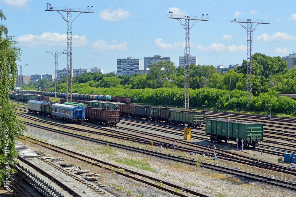Fototapeta premium Грузовые составы на запасных путях железнодорожной станции