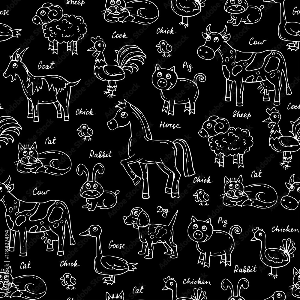 Vector seamless pattern with hand drawn isolated animals on black color