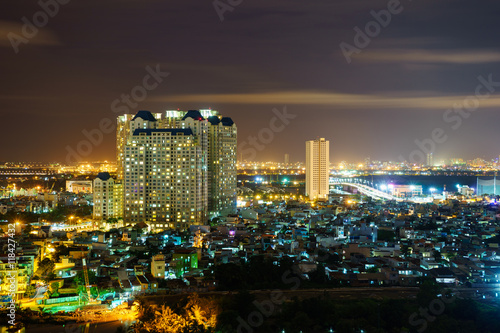 Panoramic view of Ho Chi Minh city by night  Vietnam. Ho Chi Minh city  aka Saigon  is the largest city and economic center in Vietnam with population around 10 million people.