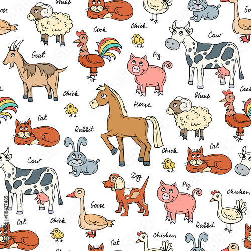 Vector seamless pattern with hand drawn colored animals