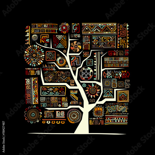 Ethnic tree with handmade ornament for your design