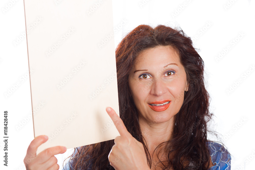 woman pointing at blank board woman pointing at blank board