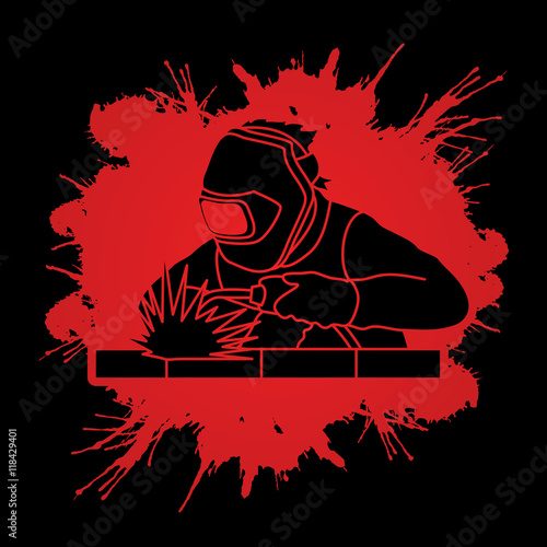 Welder working welding designed on splatter blood background graphic vector