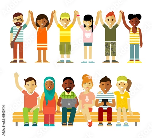 Modern multicultural society friendship concept with people in flat style