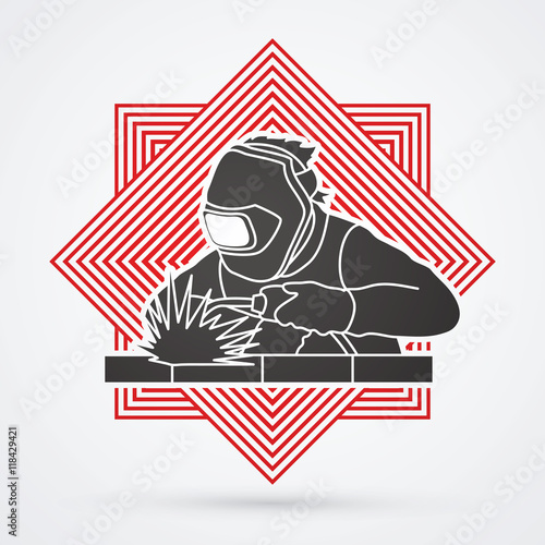 Welder working welding designed on line square background graphic vector