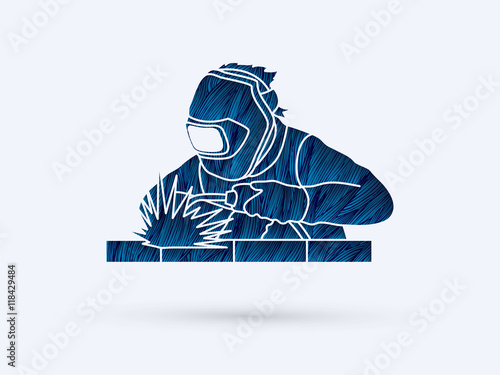 Welder working welding designed using blue grunge brush graphic vector