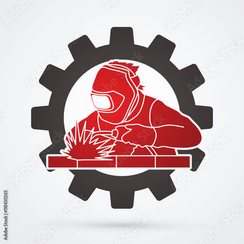Welder working welding designed on gear wheel  background graphic vector