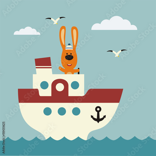 Funny bunny sailor on bridge of ship. Icon ship travel.