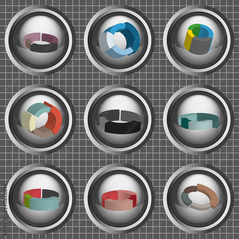 Business 3d pie charts set, flat style over silver background with white grid. Digital vector image Business 3d pie charts set, flat style over silver background with white grid. Digital vector image