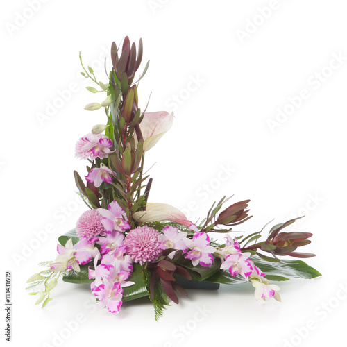 Floral arrangement made of leucadendron  orchids and anthurium