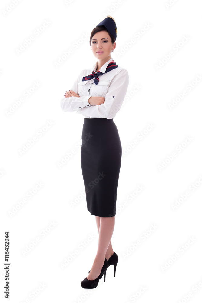 full length portrait of young beautiful stewardess isolated on w full length portrait of young beautiful stewardess isolated on w