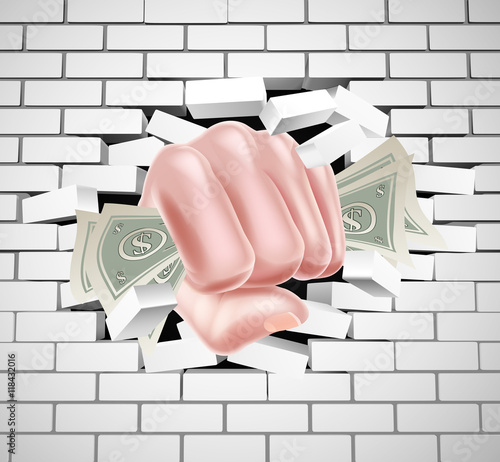 Money Fist Punching Through White Brick Wall