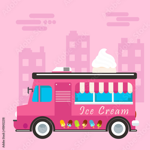 Vector flat design illustration on simplified ice cream truck