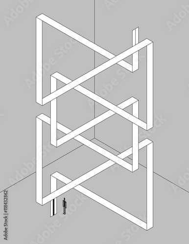 Monochrome isometric illustration. Schematic twisted ribbon as an elevator with optical illusion.