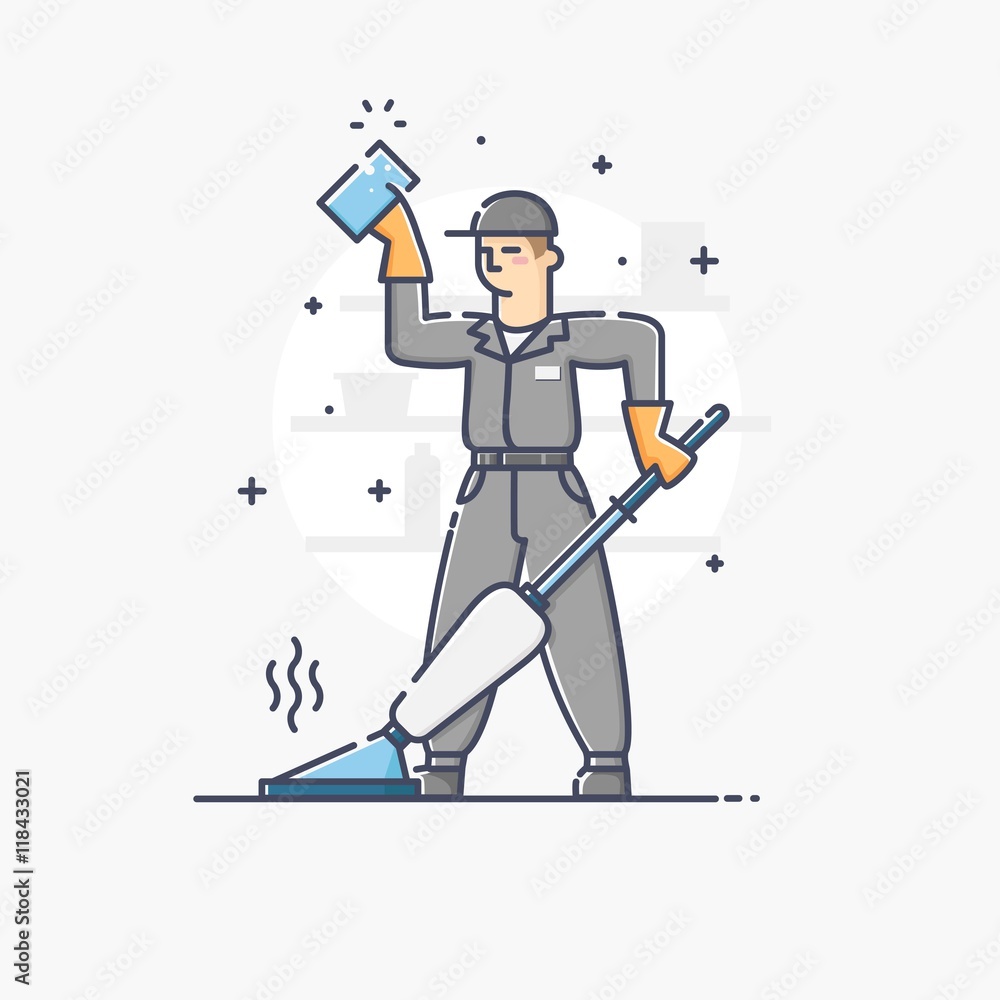 Outline business illustration of people profession janitor