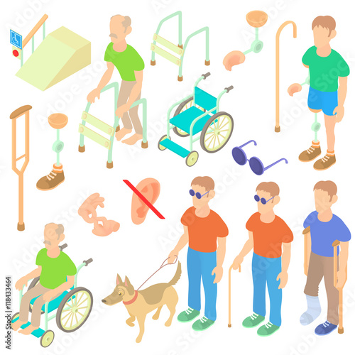 Isometric disabled people care set. Universal disabled people care icons to use for web and mobile UI, set of basic disabled people care elements isolated vector illustration