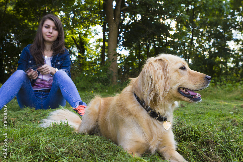 Girl playing with dog in summer day Girl playing with dog in summer day