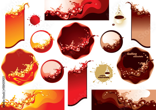 Collection labels . Splashes of coffee, juice and wine. (vector illustration)