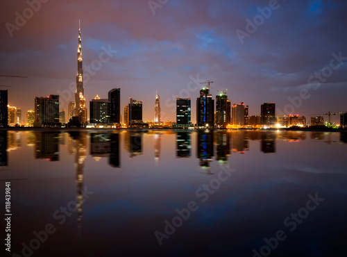 Fascinating reflection of tallest skyscrapers in Business Bay, Dubai, United Arab Emirates