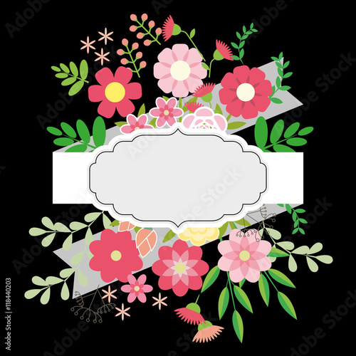 Flowers and leaves with ribbon. Floral frame for text. Vector illustration
