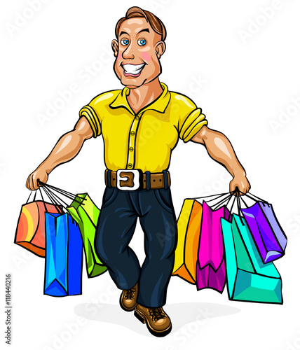 happy man spectacled with packages in hand