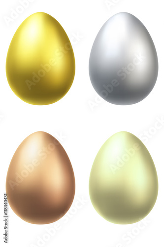 Metal eggs realistic vector illustration – silver, gold, bronz
