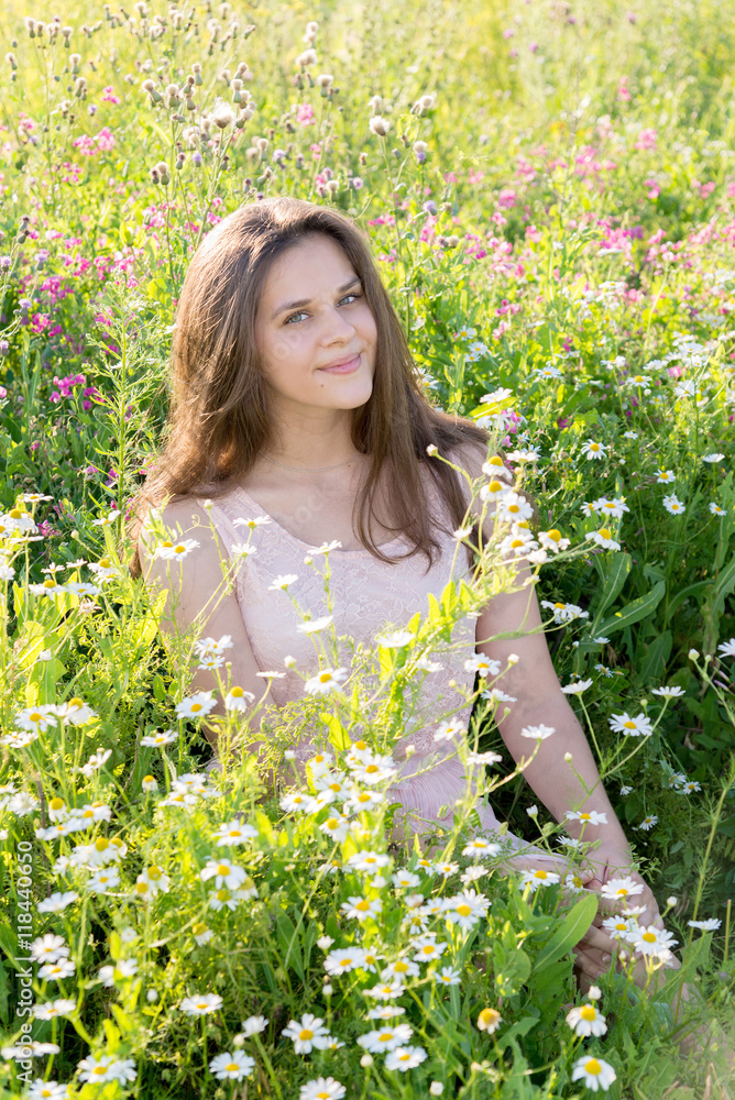 Beautiful girl on glade with meadow flowers Beautiful girl on glade with meadow flowers