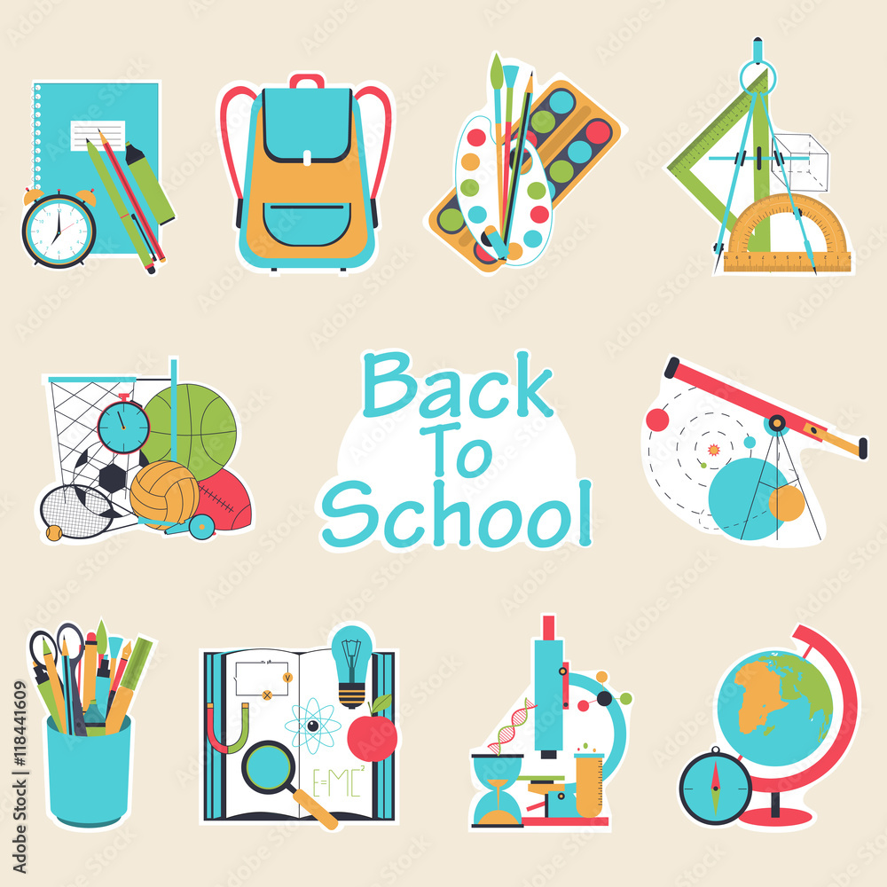 Back to school flat design modern vector illustration background with education icon set.