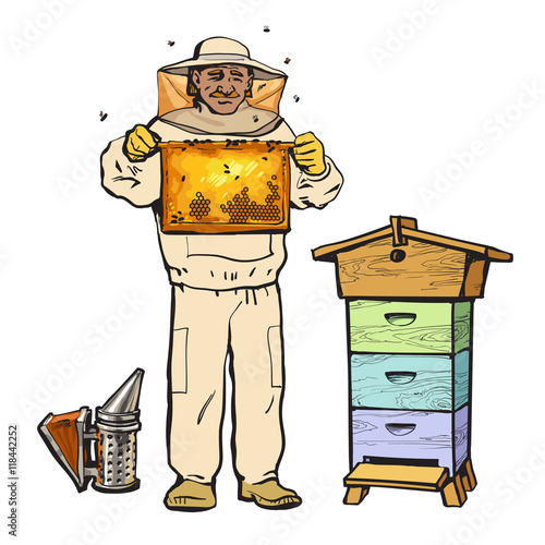 Beekeeper in protective gear holding honeycomb and a smoker, sketch style vector illustration isolated on white background. Apiarist in protective suit working at the apiary