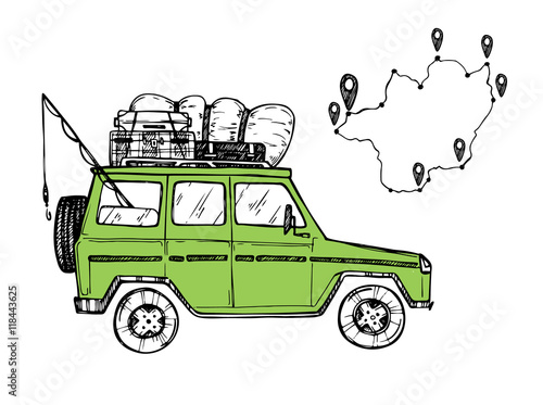 Hand drawn vector illustration - Family vacation. Road trip.