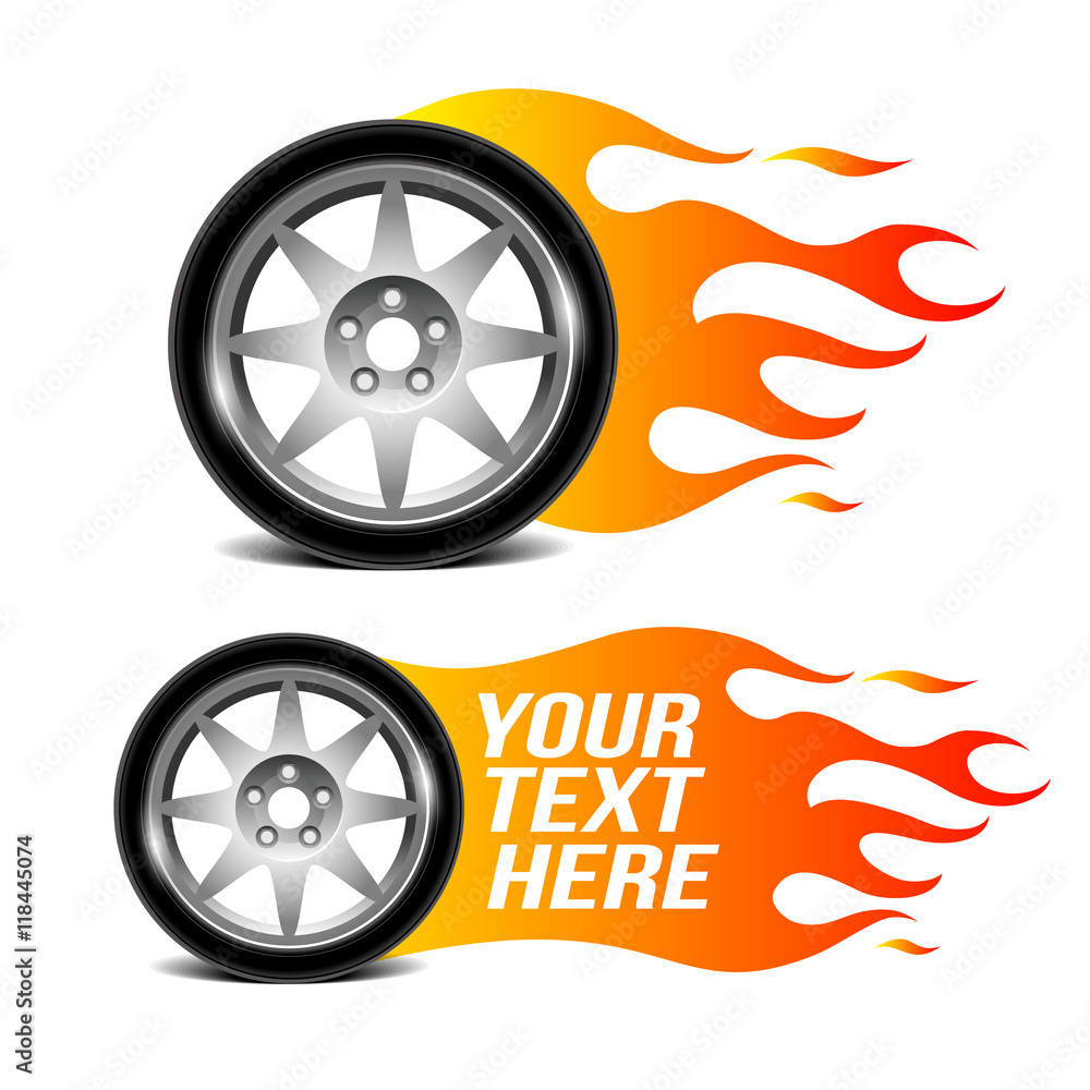 Naklejka premium Car wheel with fire flame (car service emblem)