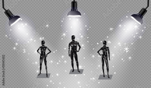 Set of models on a podium with spotlights . Fashion clothing store mannequins, silhouette of man, girl, baby , teenager, pregnant woman