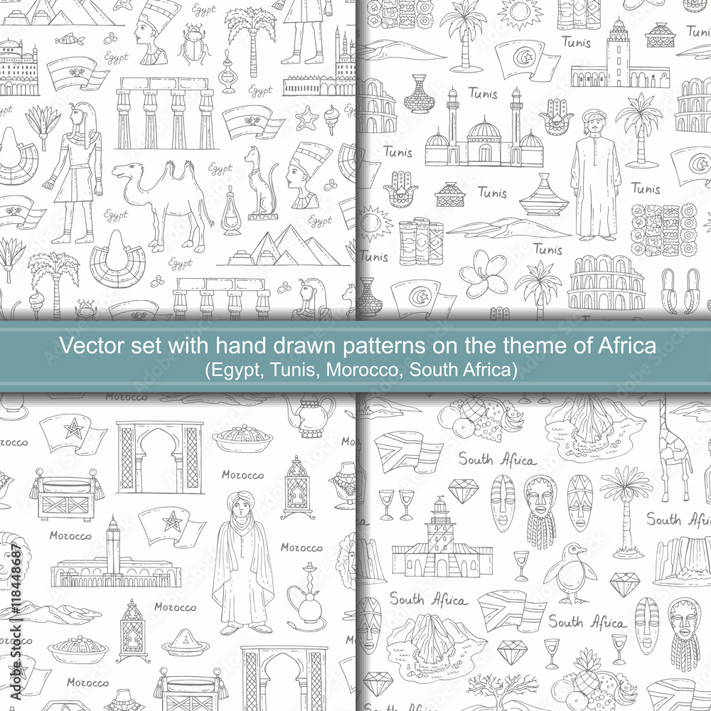 Vector set with seamless hand drawn patterns on the theme of Africa