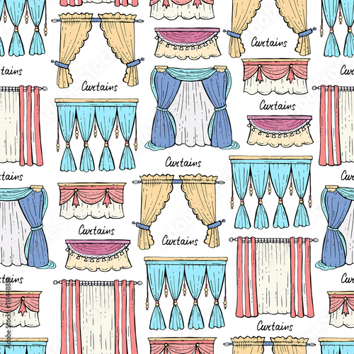 Vector seamless pattern with isolated hand drawn colored curtains