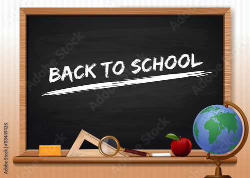 Blackboard with school supplies. Inscription in chalk on a chalkboard - Back to school. Concept design for the  Knowledge Day. Vector illustration